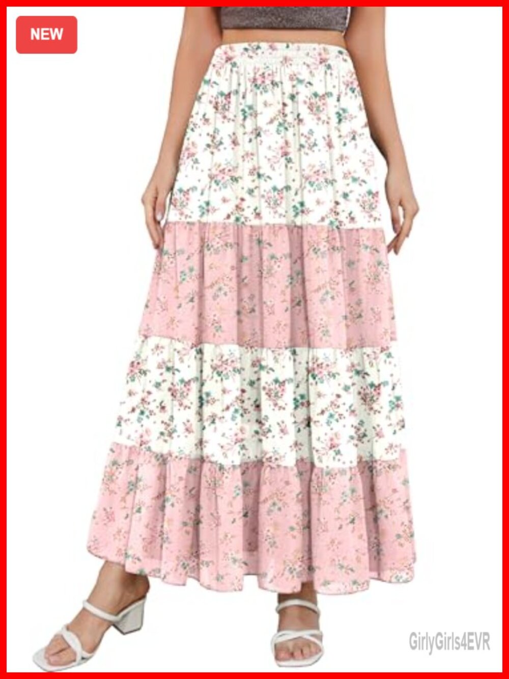 CYiNu Women's Floral Maxi Skirt Chiffon Patchwork Boho Long A-Line Pleated